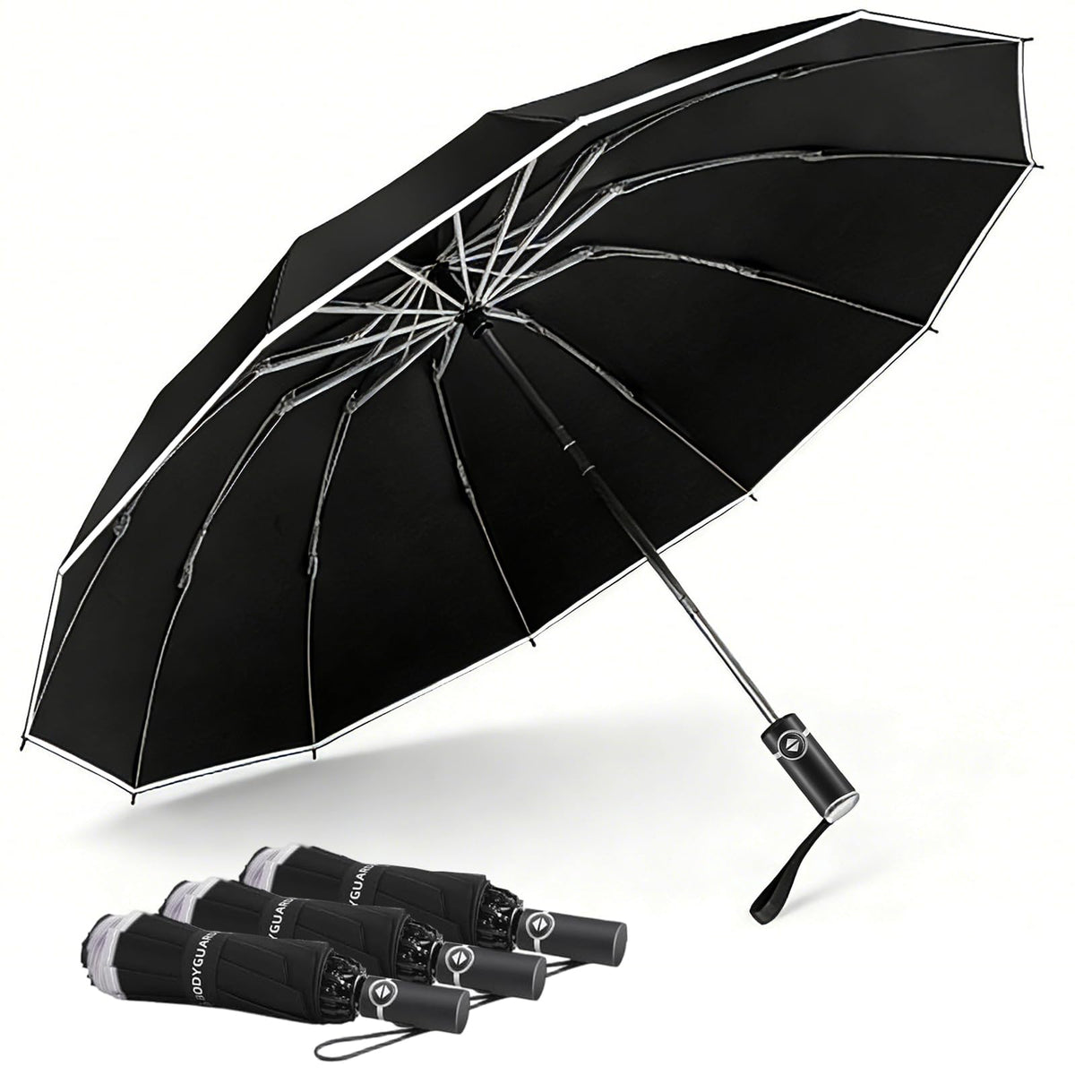 Bodyguard Inverted Umbrella - Large Windproof for Rain & Sun, Compact Reverse With Reflective Stripe, Teflon-Coated for Women Men, Travel Folding With Cover Bag