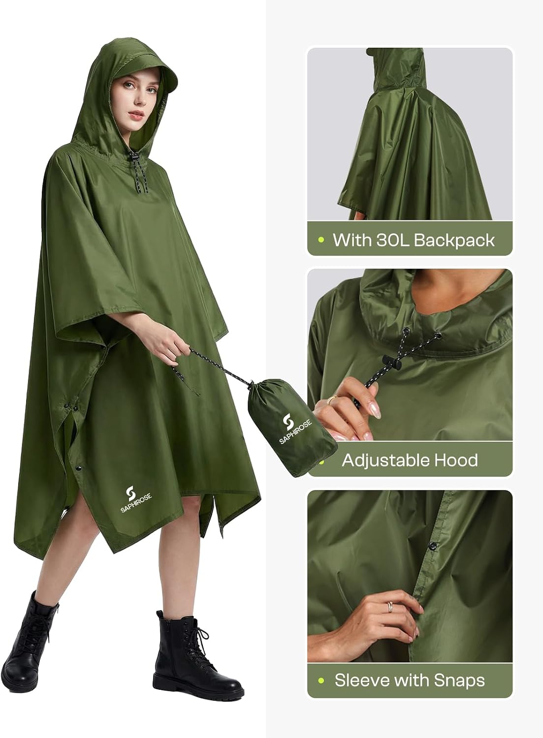 SaphiRose Hooded Rain Poncho Waterproof Raincoat Jacket for Men Women Adults