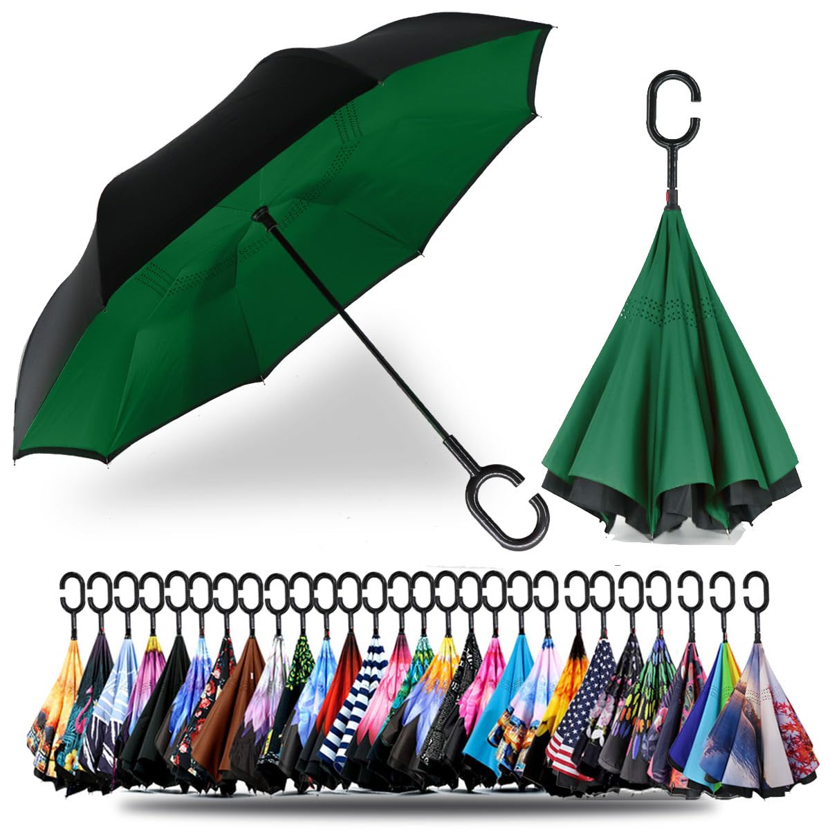 SIEPASA 49/56 Inch Inverted Reverse Upside Down Umbrella, Extra Large Double Canopy Vented Windproof Waterproof Stick Golf Umbrellas with C-shape Handle.