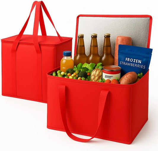 musbus 2-Pack XL-Large Insulated Grocery Shopping Bags, Red, Reusable bag