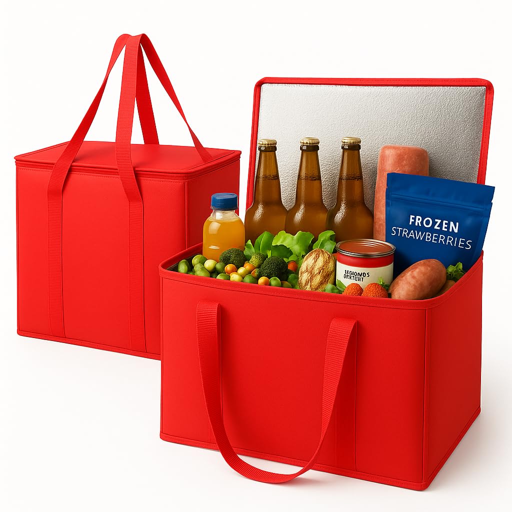 musbus 2-Pack XL-Large Insulated Grocery Shopping Bags, Red, Reusable bag