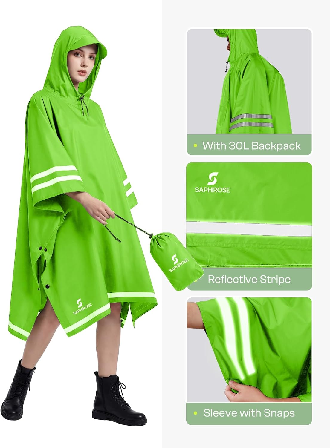 SaphiRose Hooded Rain Poncho Waterproof Raincoat Jacket for Men Women Adults