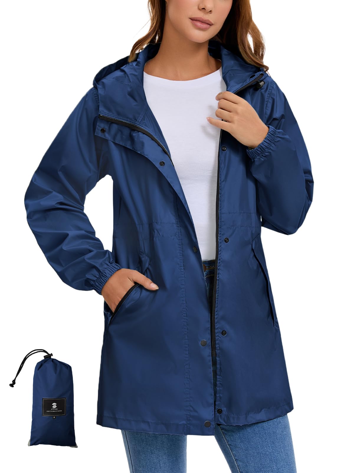 SaphiRose Women's Lightweight Long Rain Jacket Packable Raincoat Hooded Outdoor Trench Coats