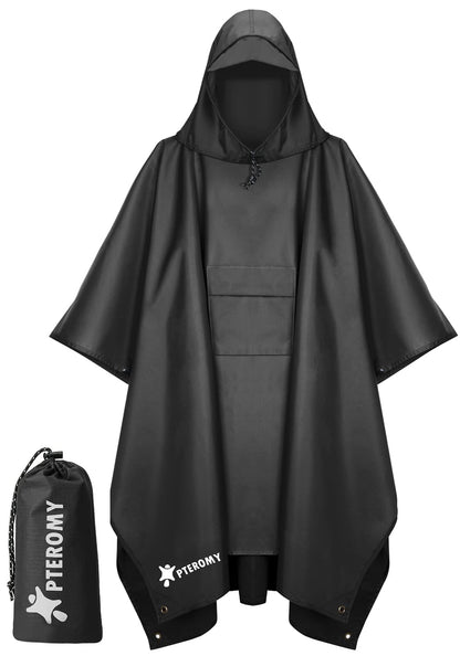PTEROMY Hooded Rain Poncho for Adults, Reusable Waterproof Raincoat