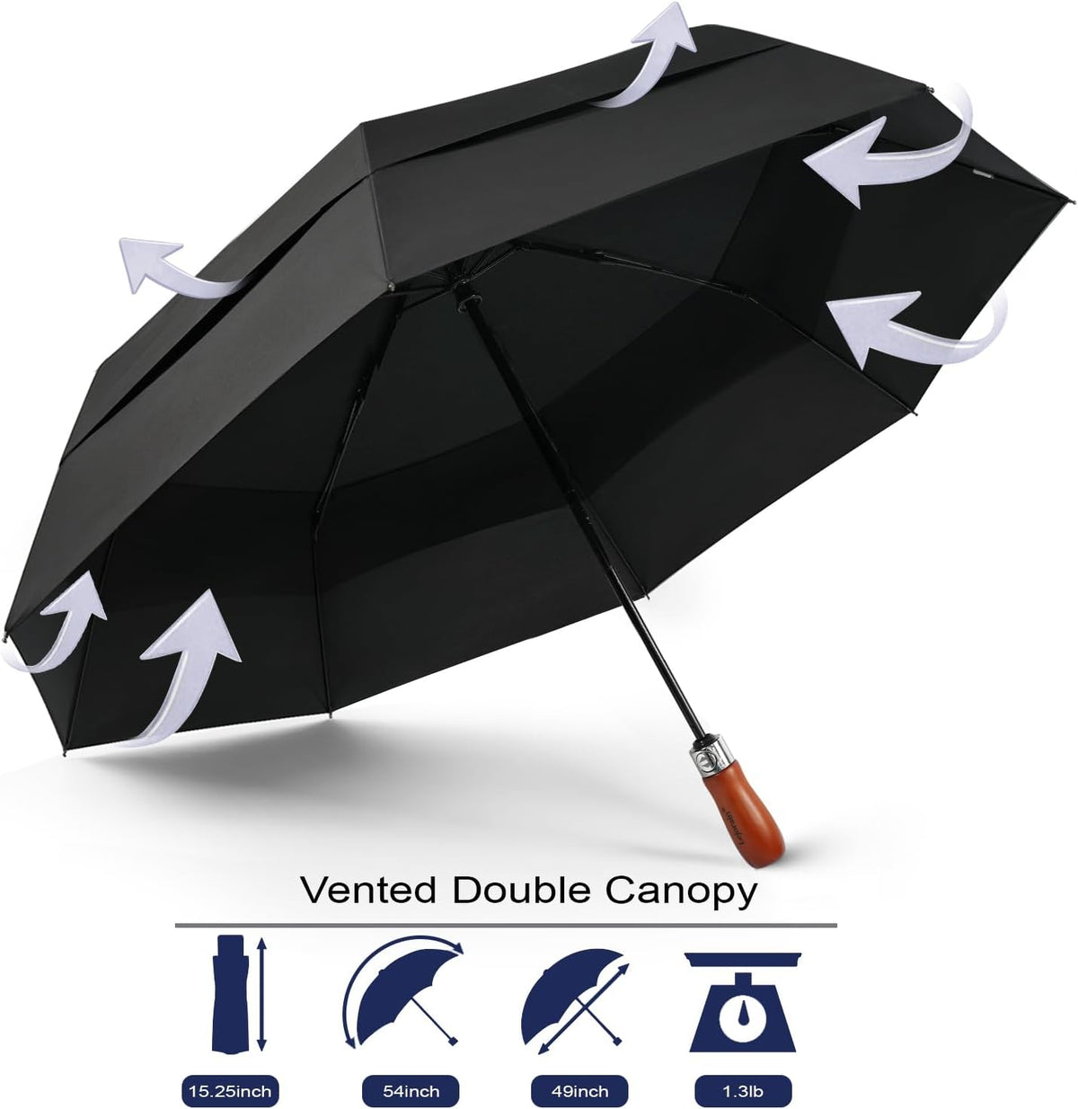 Windproof Golf Umbrella Large 54 Inch Folding Auto Open Close Wood Handle