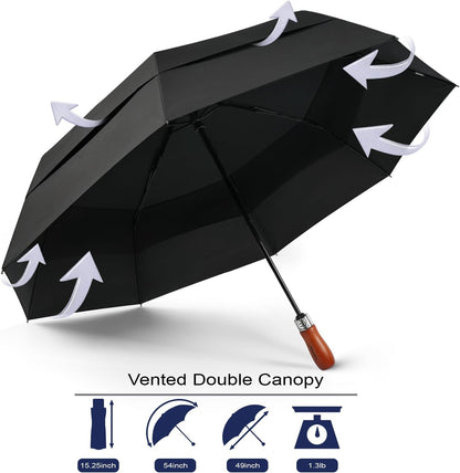 Windproof Golf Umbrella Large 54 Inch Folding Auto Open Close Wood Handle