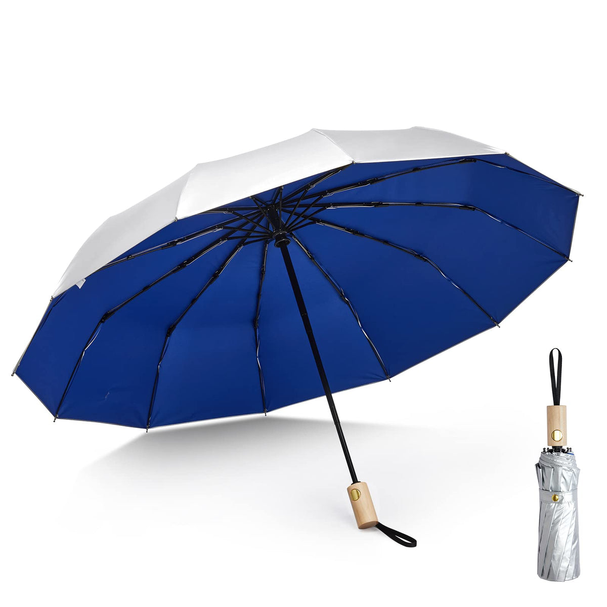 G4Free 46 Inch UPF 50+ UV Protection Sun Travel Umbrella with Wooden Handle