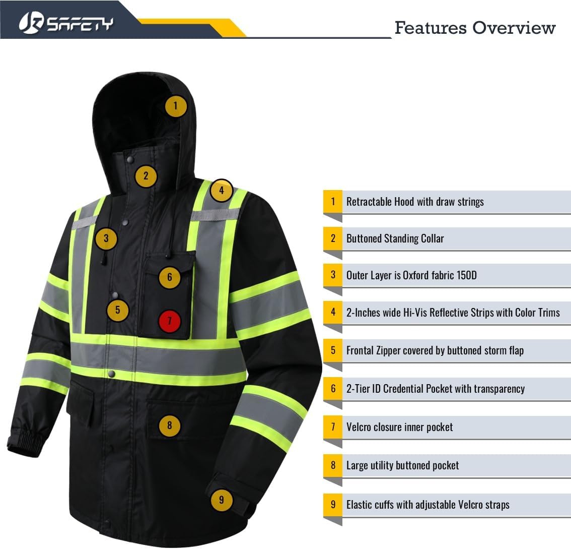 JKSafety Hi Vis Rain Jacket for Men Women Safety Rain Gear Black XL