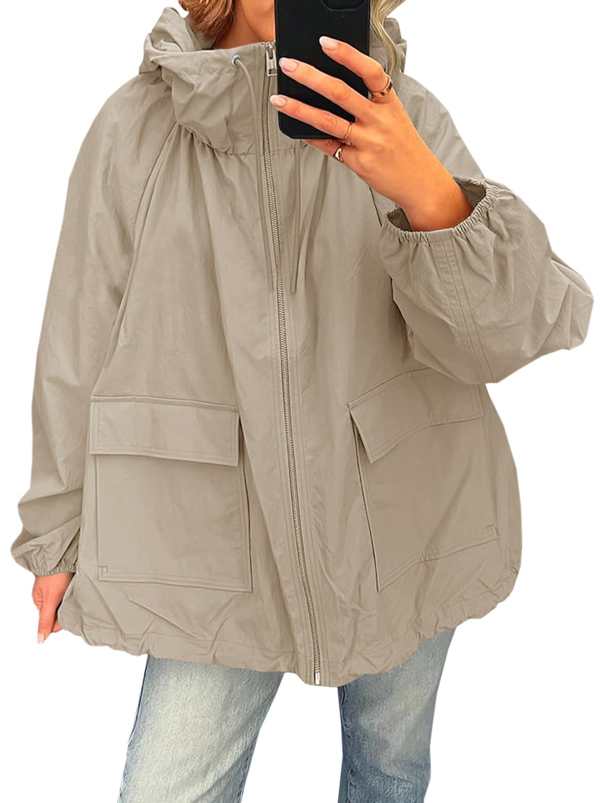 Fisoew Womens Oversized Lightweight Jacket Hooded Trench Coat Windbreaker Waterproof Raincoat With Pockets for Outdoor