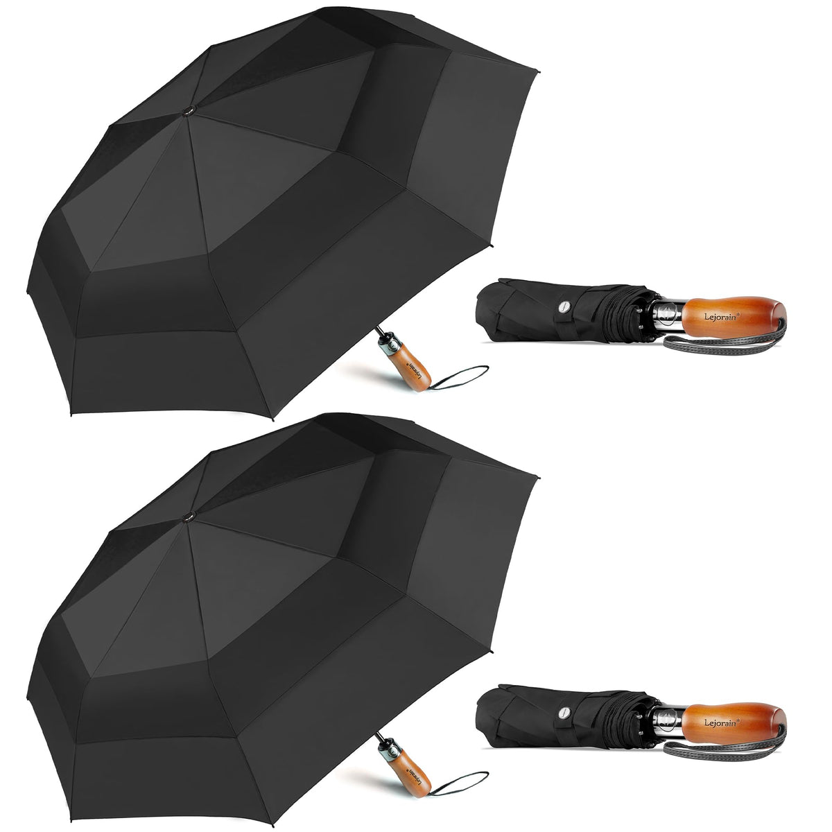 Windproof Golf Umbrella Large 54 Inch Folding Auto Open Close Wood Handle