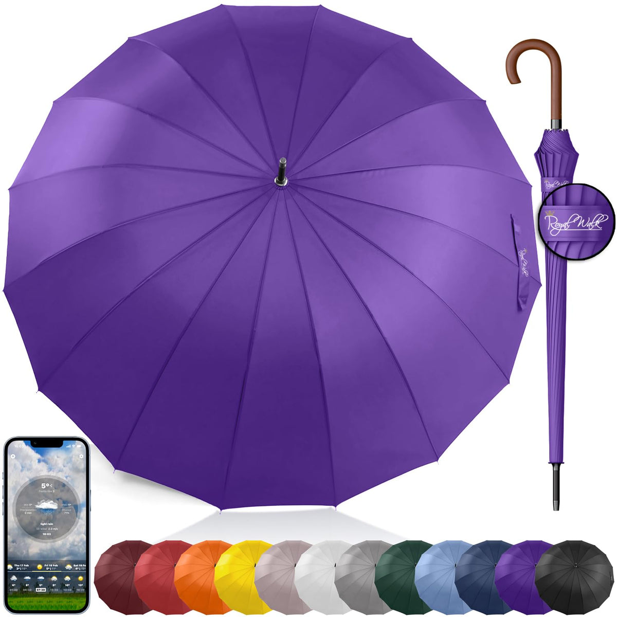 Royal Walk Large Umbrella for Rain & Golf, Windproof, Big, Heavy Duty Stick