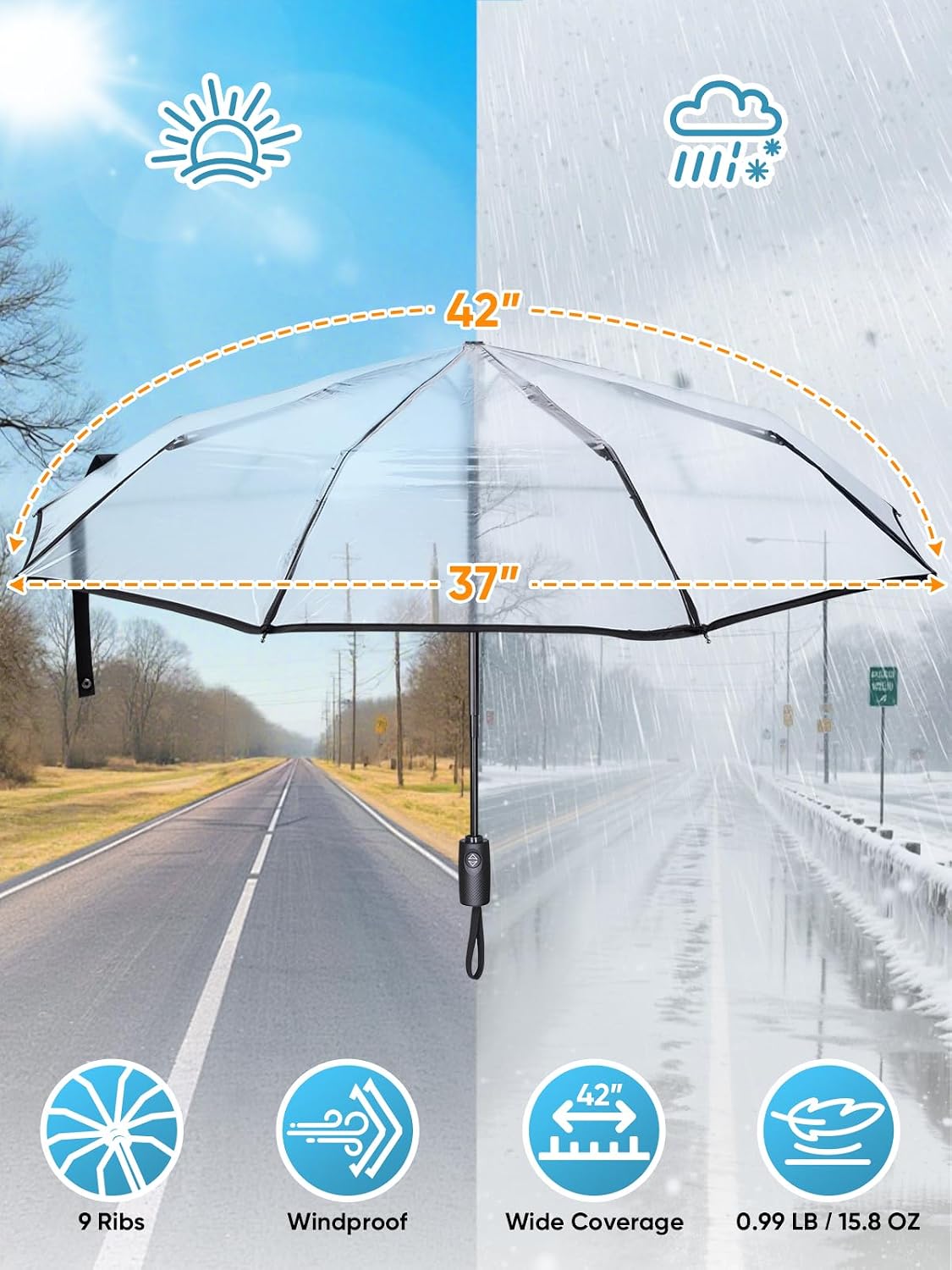 PTEROMY Windproof Travel Umbrellas for Rain and Sun, Withstands 85MPH Winds Auto Open Close Folding Umbrella with Ergonomic Handle, Quick Dry Canopy for Commuting or Backpack
