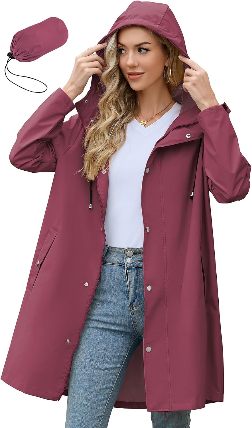 Zando Long Packable Rain Jacket Women Waterproof Raincoat with Hood