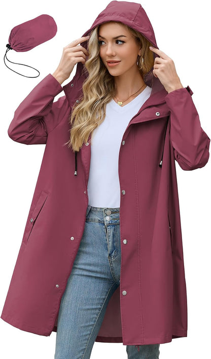 Zando Long Packable Rain Jacket Women Waterproof Raincoat with Hood