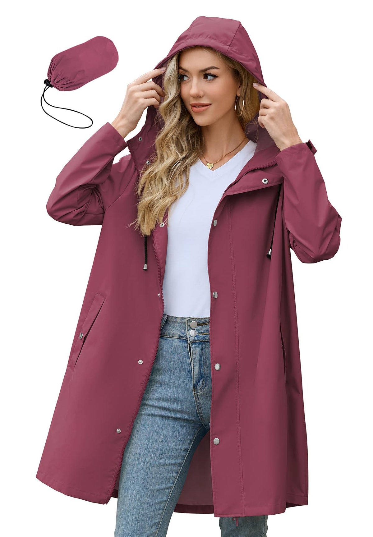 Zando Long Packable Rain Jacket Women Waterproof Raincoat with Hood