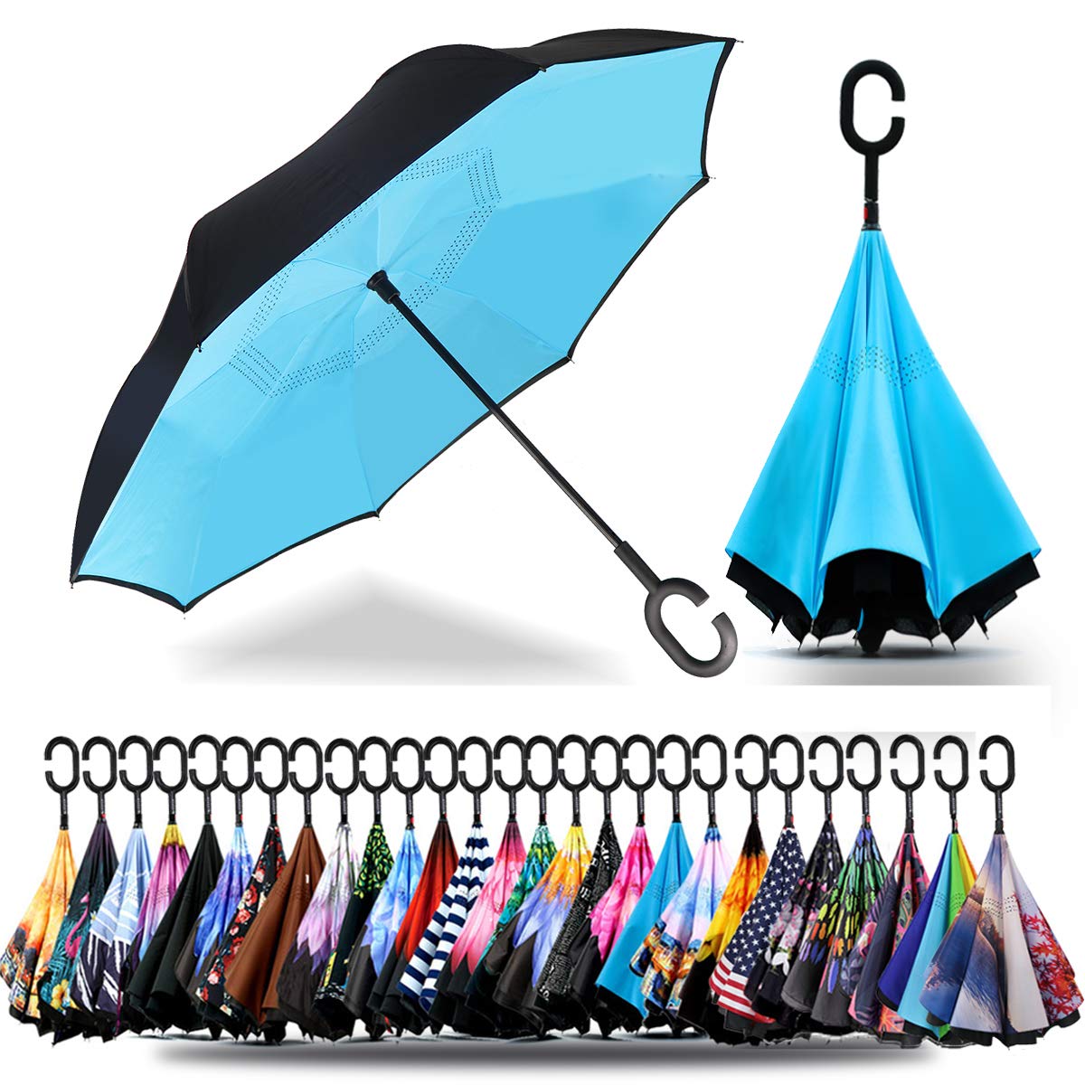 SIEPASA 49/56 Inch Inverted Reverse Upside Down Umbrella, Extra Large Double Canopy Vented Windproof Waterproof Stick Golf Umbrellas with C-shape Handle.
