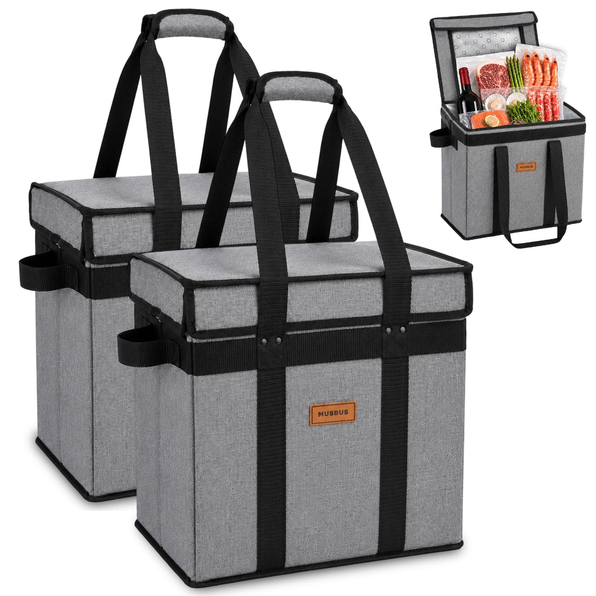 Musbus 1 Pack Reusable Grocery Bags Insulated Tote with Lid – Foldable Cooler Bag Hook & Loop Closure, Thermal Lining, Reinforced Bottom, 30L Heavy Duty Box, Water-Resistant for Shopping Picnic Trunk