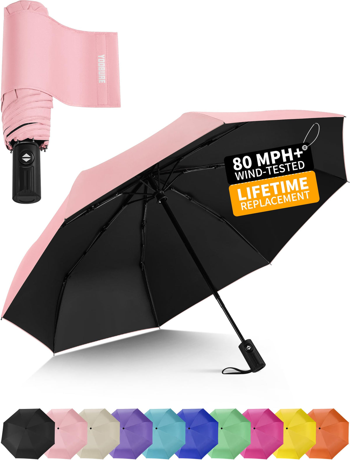 Yoobure Compact Travel Umbrella - Windproof Umbrellas for Rain, Small Portable UV Umbrella for Sun Protection, Folding Automatic Umbrellas in Lightweight for Car, Backpack, Walking, Kids, Women