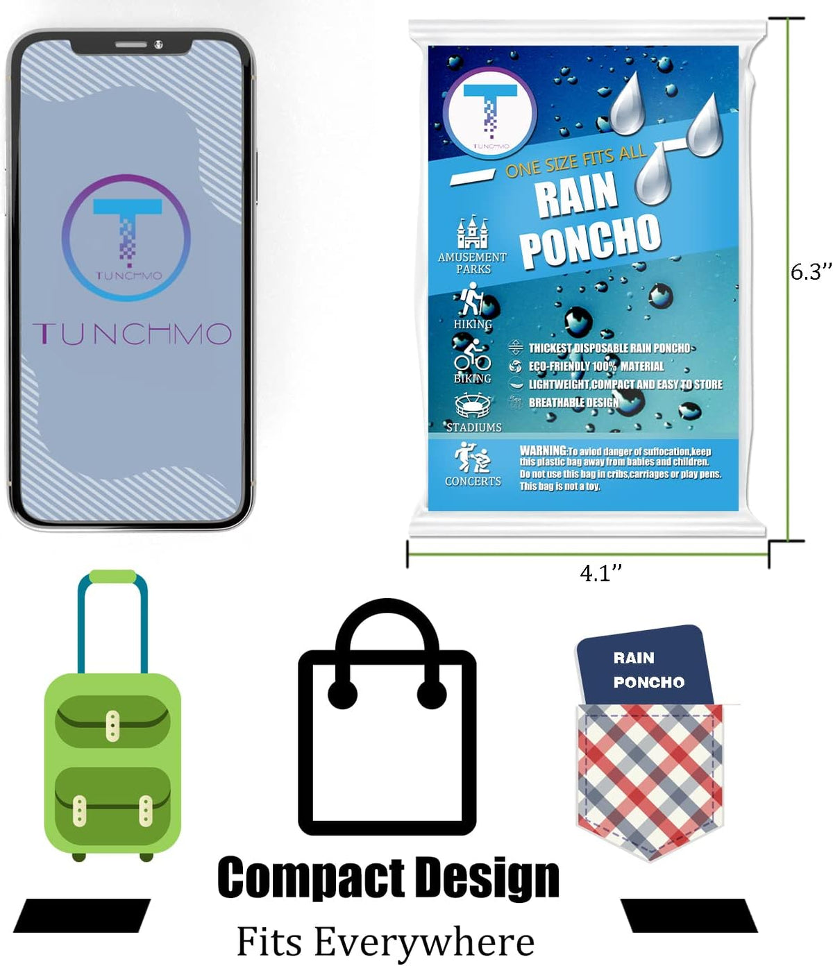 TUNCHMO Disposable Rain Ponchos for Adults & kids 6 Pack Extra Thick