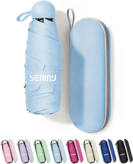 Seniny Mini Travel Umbrella with Case, Compact Pocket Size UV Sun & Rain