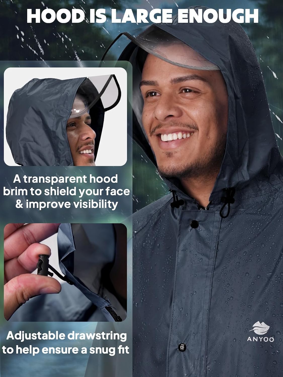 ANYOO Waterproof Raincoat Men Women Packable Hooded Reflective Pockets