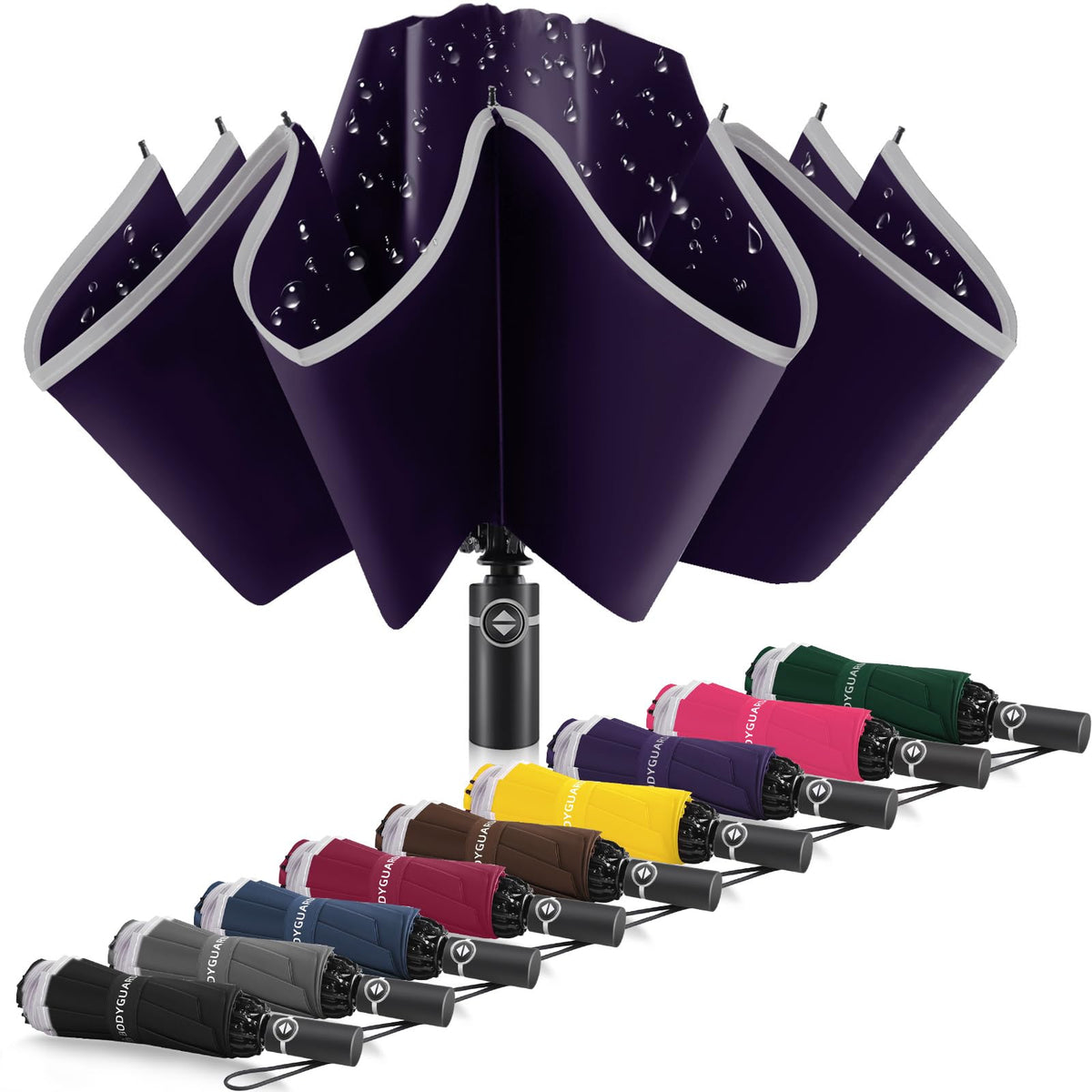 Bodyguard Inverted Umbrella - Large Windproof for Rain & Sun, Compact Reverse With Reflective Stripe, Teflon-Coated for Women Men, Travel Folding With Cover Bag