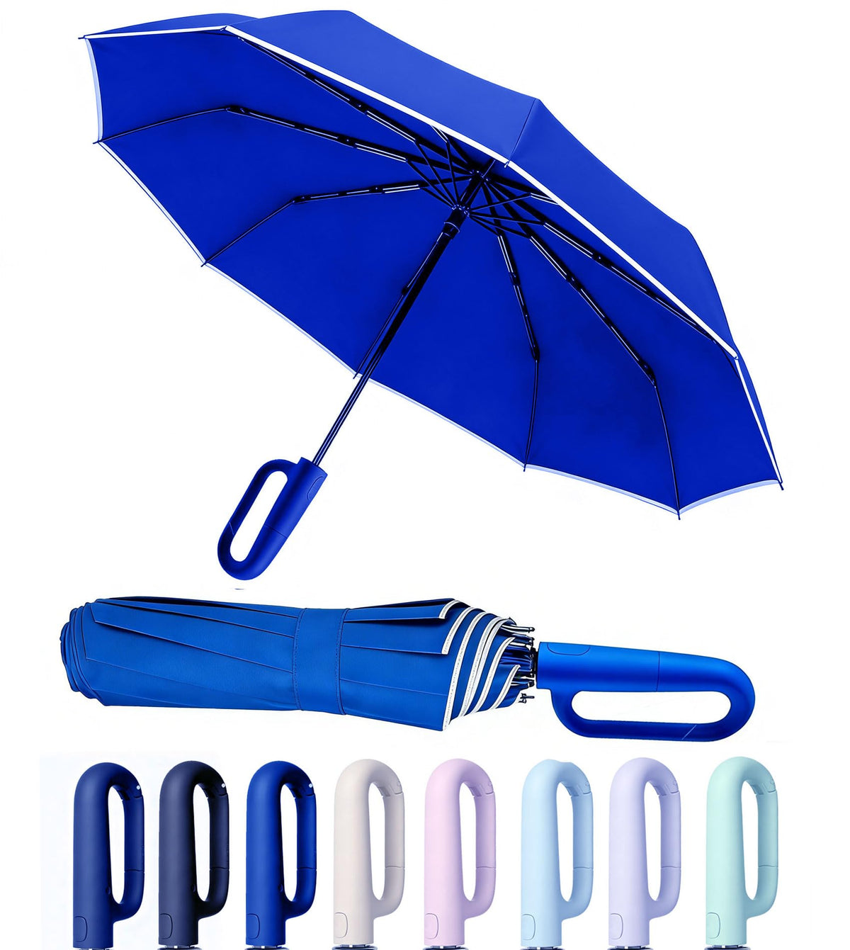 SIEPASA Travel Umbrella with Carabiner Handle - Windproof 10 Ribs Auto Open/Close for Rain & Sun Protection, Compact Portable Clip-on Backpack Design with Safety Reflective Strip.