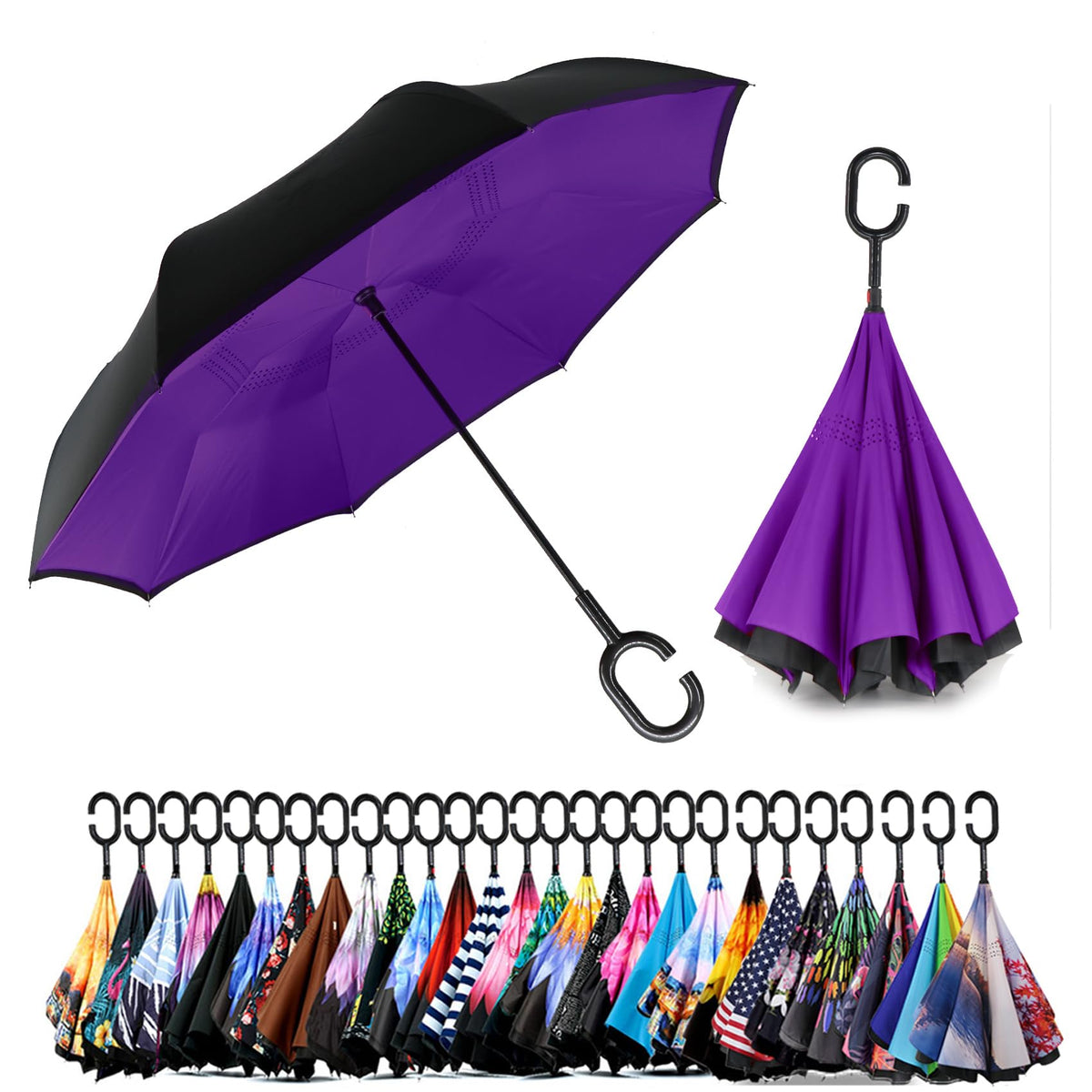 SIEPASA 49/56 Inch Inverted Reverse Upside Down Umbrella, Extra Large Double Canopy Vented Windproof Waterproof Stick Golf Umbrellas with C-shape Handle.