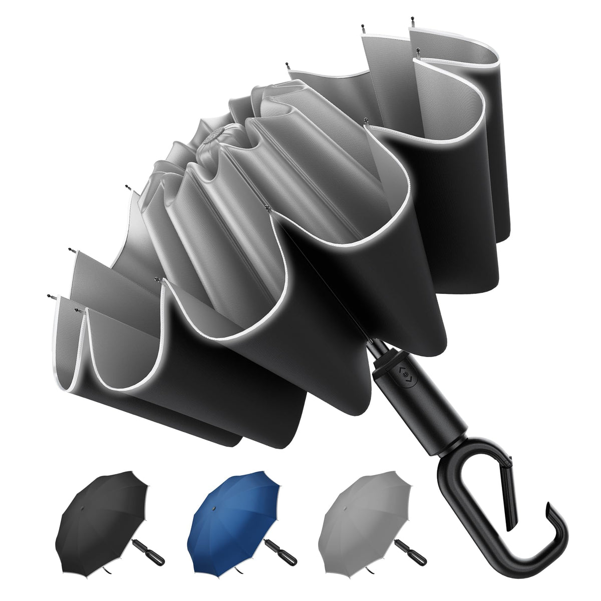Auto Reverse Folding UV Travel Umbrella, Rain Sun Use, 360 Reflective