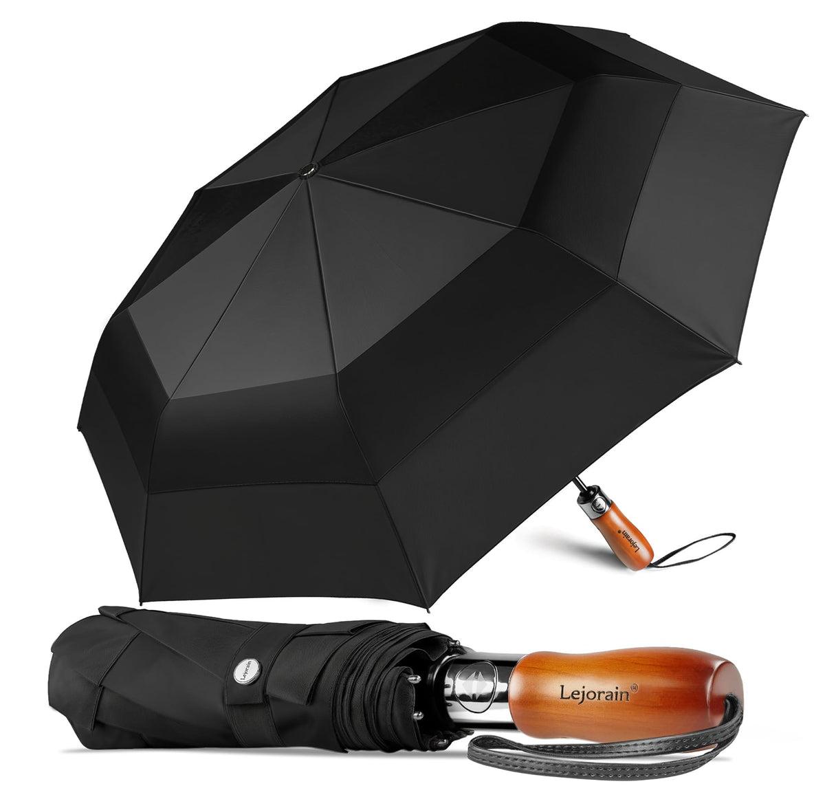 Windproof Golf Umbrella Large 54 Inch Folding Auto Open Close Wood Handle