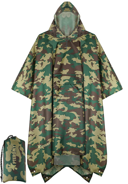 PTEROMY Hooded Rain Poncho for Adults, Reusable Waterproof Raincoat