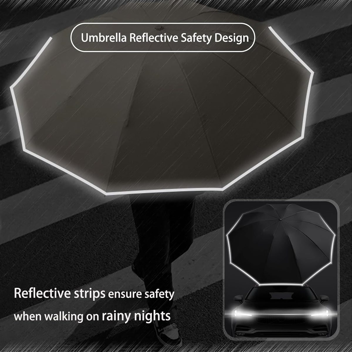 Ring Buckle Fully Automatic Umbrella, Reflective Safety Strip, Sturdy Windproof, Reverse Automatic, Travel Portable, Compact Folding (Black)