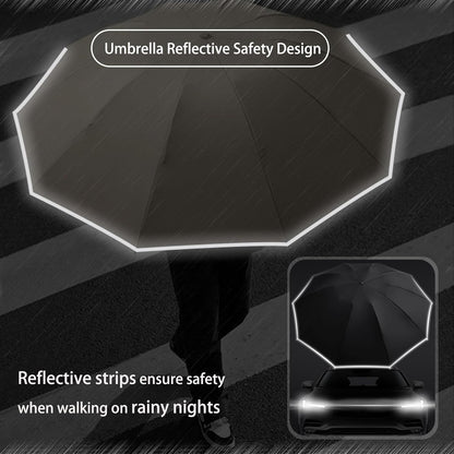 Ring Buckle Fully Automatic Umbrella, Reflective Safety Strip, Sturdy Windproof, Reverse Automatic, Travel Portable, Compact Folding (Black)