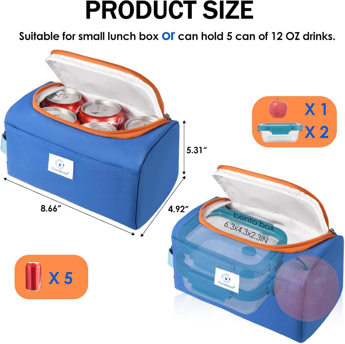 Genteen Small Cooler Bag with Ice Packs, Insulated Leakproof Reusable Lunch & Snack Tote, BPA free Thermal Cooler Bag for School, Travel, Work and Daily Use,Blue
