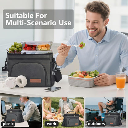 ExtraCharm Insulated Lunch Bag for Women/Men - Reusable Lunch Box for Office Picnic Hiking Beach - Leakproof Cooler Tote Bag Organizer with Adjustable Shoulder Strap for Adults - Black