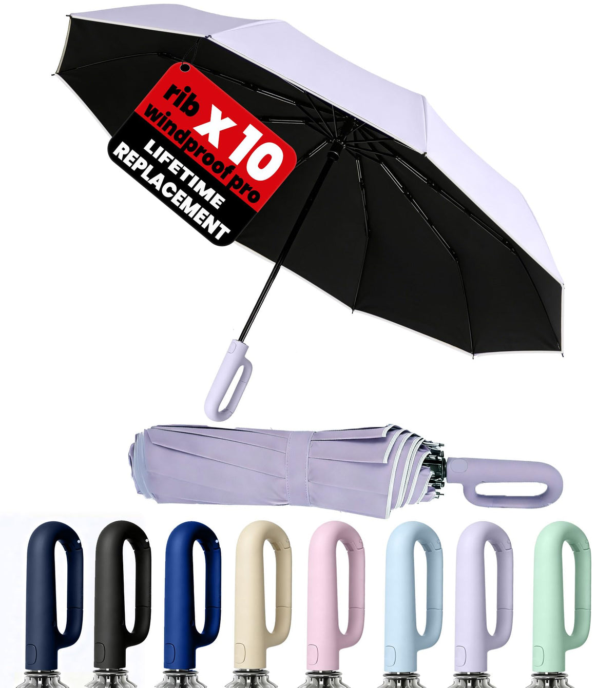 SIEPASA Travel Umbrella with Carabiner Handle - Windproof 10 Ribs Auto Open/Close for Rain & Sun Protection, Compact Portable Clip-on Backpack Design with Safety Reflective Strip.