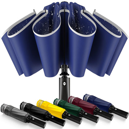 ExploreBliss Inverted Automatic Travel Umbrella with Reflective Strip, Windproof & Compact Folding Umbrella, Strong Lightweight Rain Umbrella with One-Button Open/Close for Men & Women