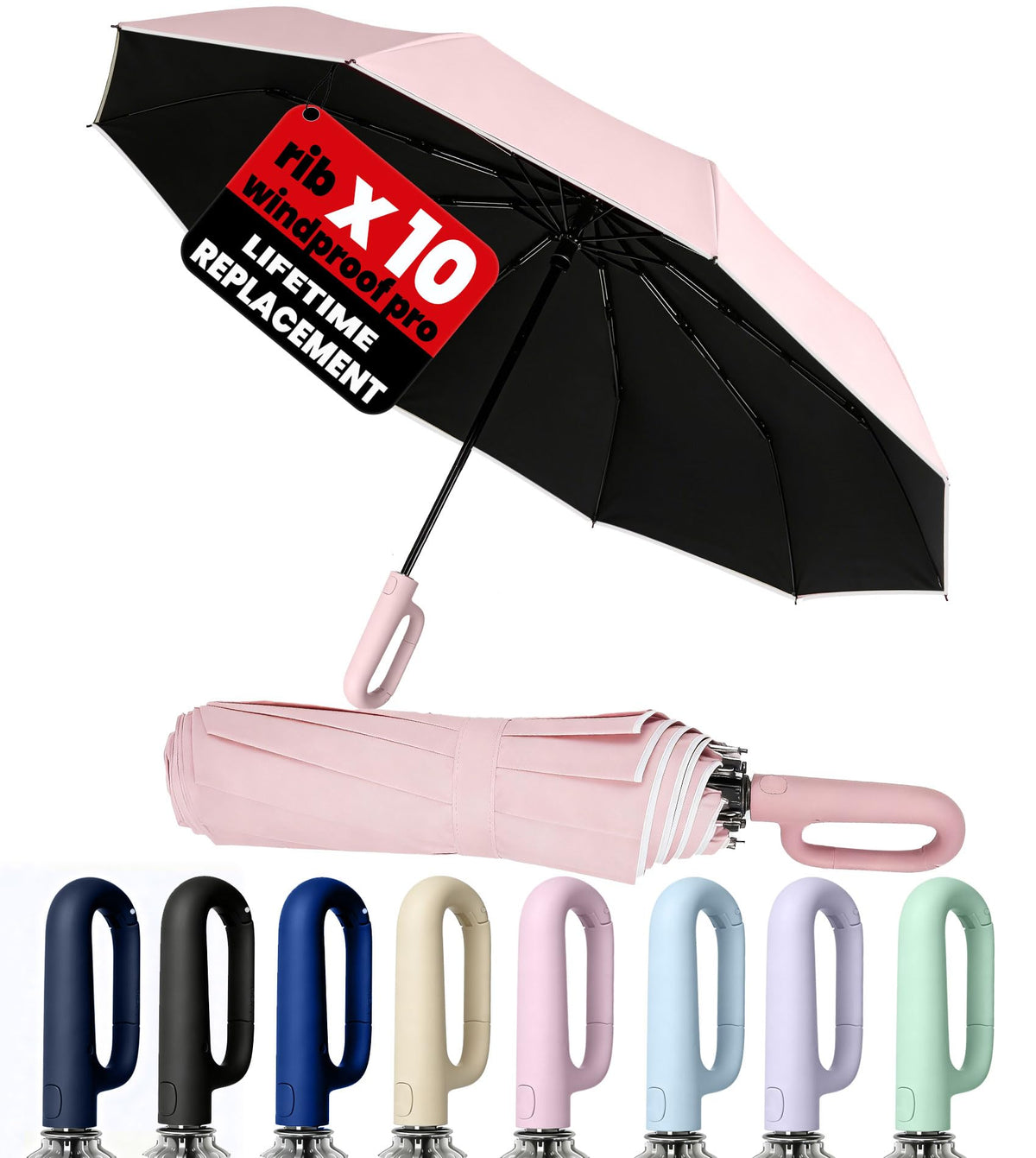 SIEPASA Travel Umbrella with Carabiner Handle - Windproof 10 Ribs Auto Open/Close for Rain & Sun Protection, Compact Portable Clip-on Backpack Design with Safety Reflective Strip.