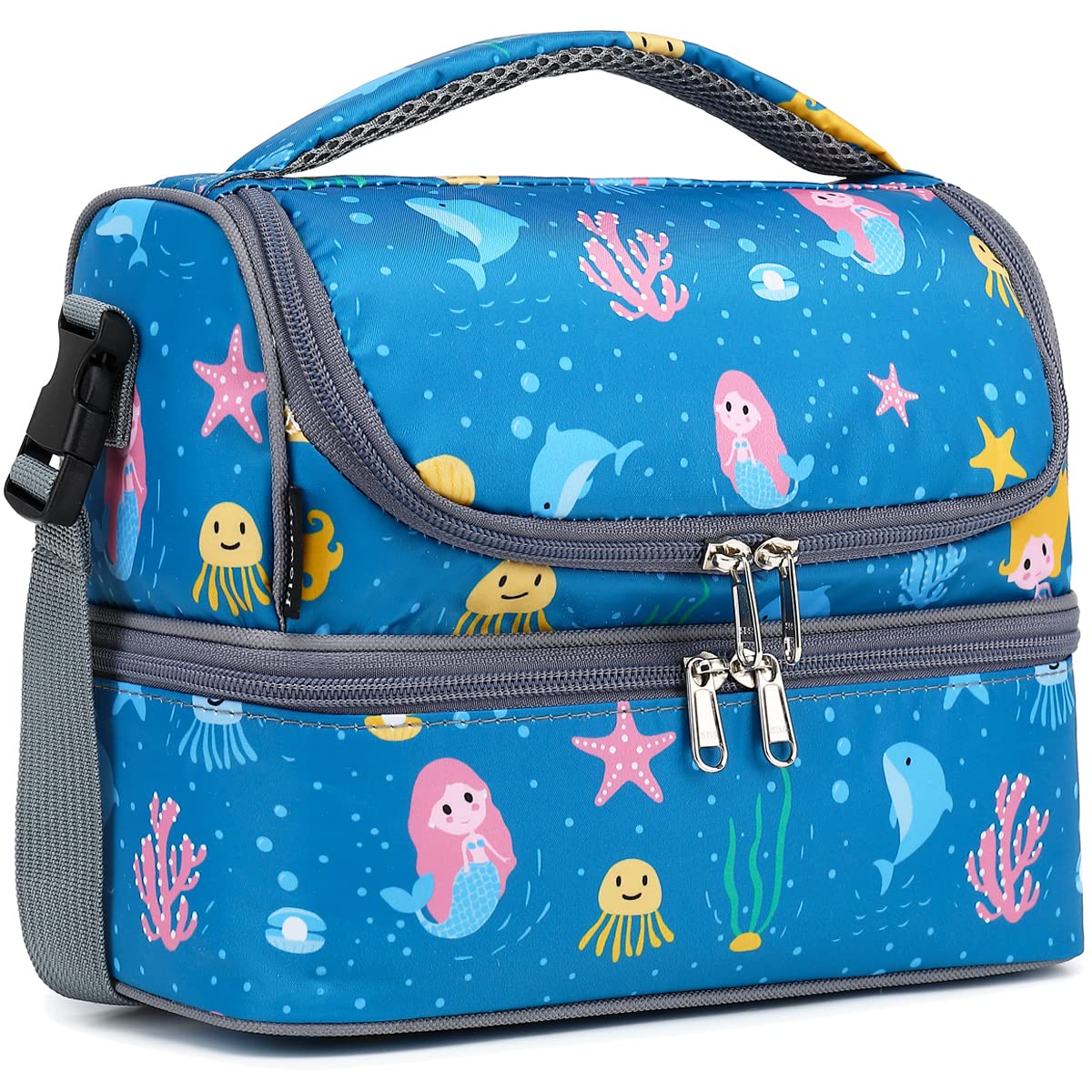 FlowFly Double Decker Cooler Insulated Lunch Bag Large Tote for Boys, Girls, Men, Women, With Adjustable Strap,Black