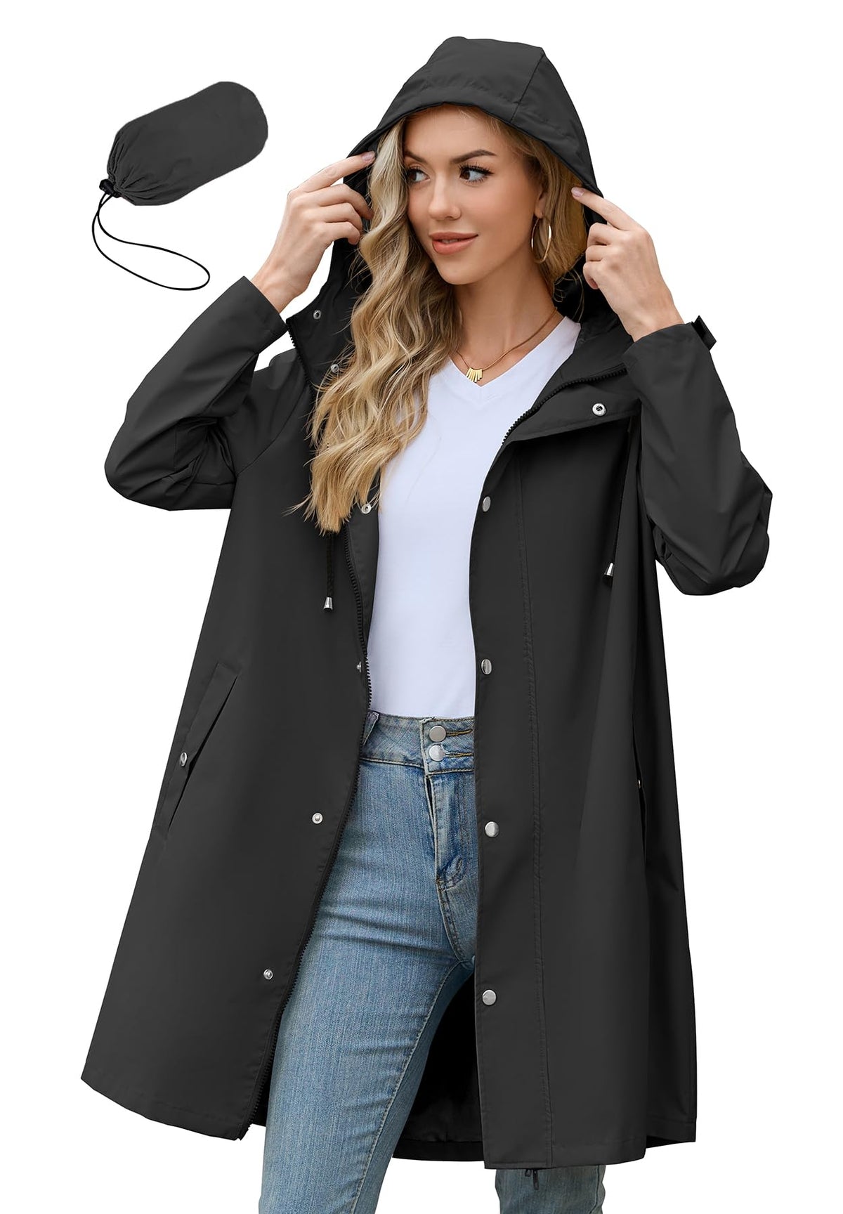 Zando Long Packable Rain Jacket Women Waterproof Raincoat with Hood