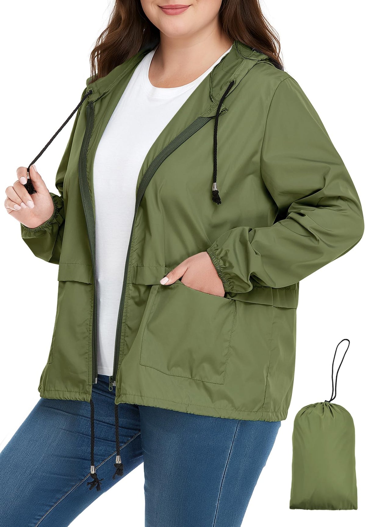 Zando Plus Size Rain Jacket Women Lightweight Packable Hooded Windbreaker
