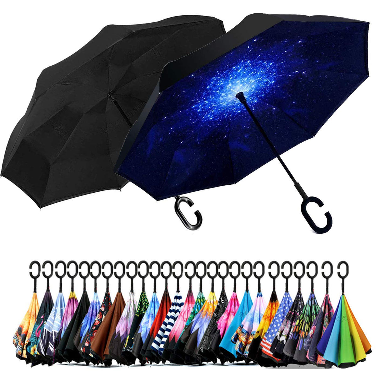 SIEPASA 49/56 Inch Inverted Reverse Upside Down Umbrella, Extra Large Double Canopy Vented Windproof Waterproof Stick Golf Umbrellas with C-shape Handle.