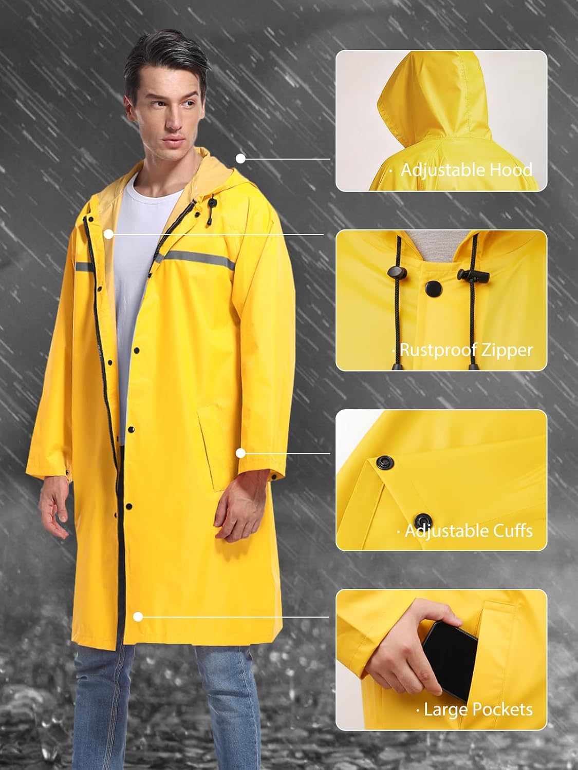 Mens Long Hooded Safety Rain Jacket Waterproof Emergency Raincoat Poncho