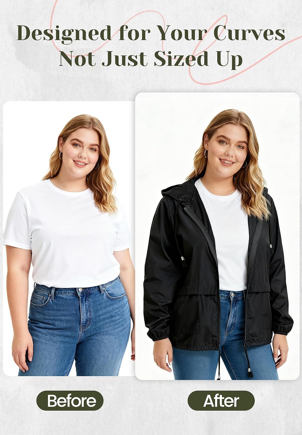Zando Plus Size Rain Jacket Women Lightweight Packable Hooded Windbreaker