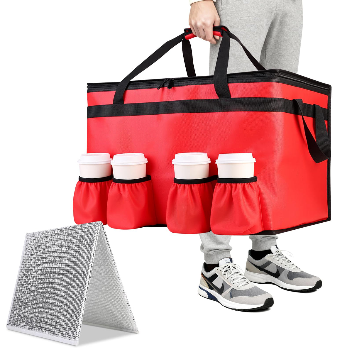 Insulated Food Delivery Bag with 4 Cup Holders, XXX-Large, Red