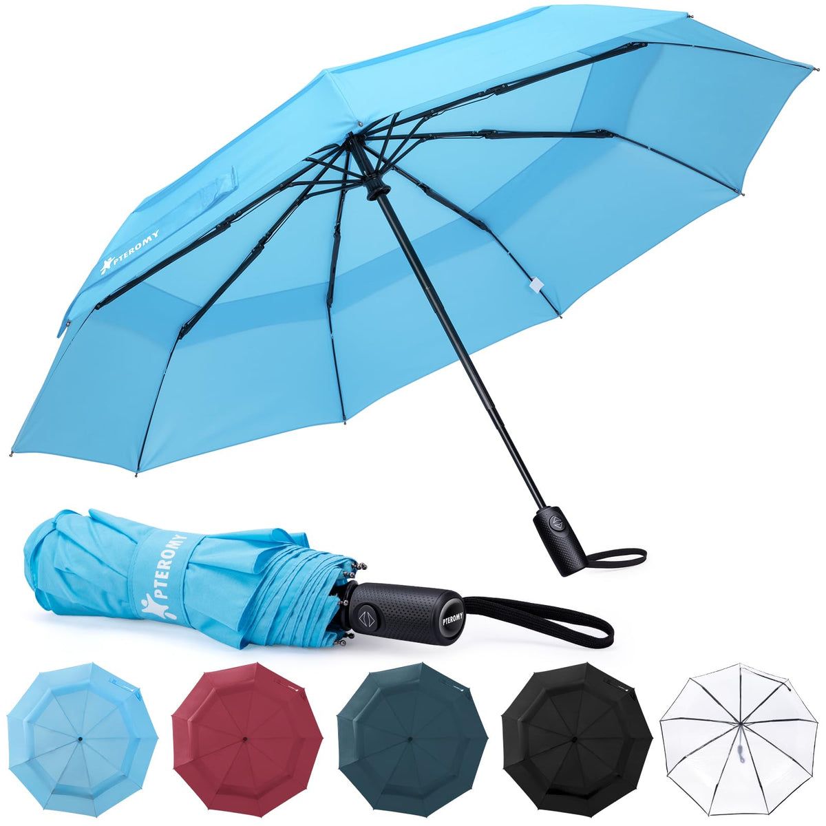 PTEROMY Windproof Travel Umbrellas for Rain and Sun, Withstands 85MPH Winds Auto Open Close Folding Umbrella with Ergonomic Handle, Quick Dry Canopy for Commuting or Backpack