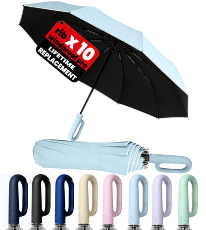 SIEPASA Travel Umbrella with Carabiner Handle - Windproof 10 Ribs Auto Open/Close for Rain & Sun Protection, Compact Portable Clip-on Backpack Design with Safety Reflective Strip.
