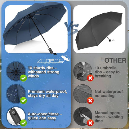 ZOMAKE Travel Umbrella Compact - 10 Ribs Portable Collapsible Umbrellas for Rain Windproof - Paraguas Automatic Small Folding Umbrella Lightweight Packable Umbrella for Women Men