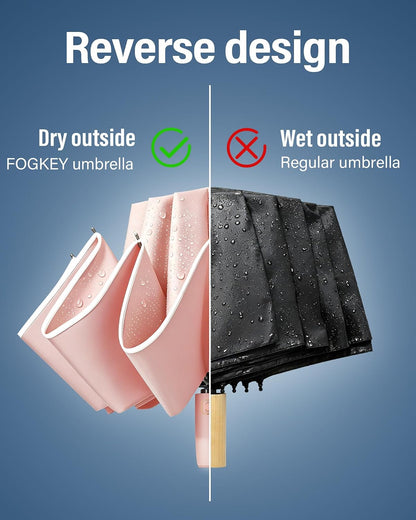 Fogkey Large Windproof Travel Umbrella - Reverse Auto Folding Car Umbrella for Rain and Sun, Compact Inverted Design with Waterproof Canopy, 10 Durable Ribs, Fits Backpack, Portable for Women & Men