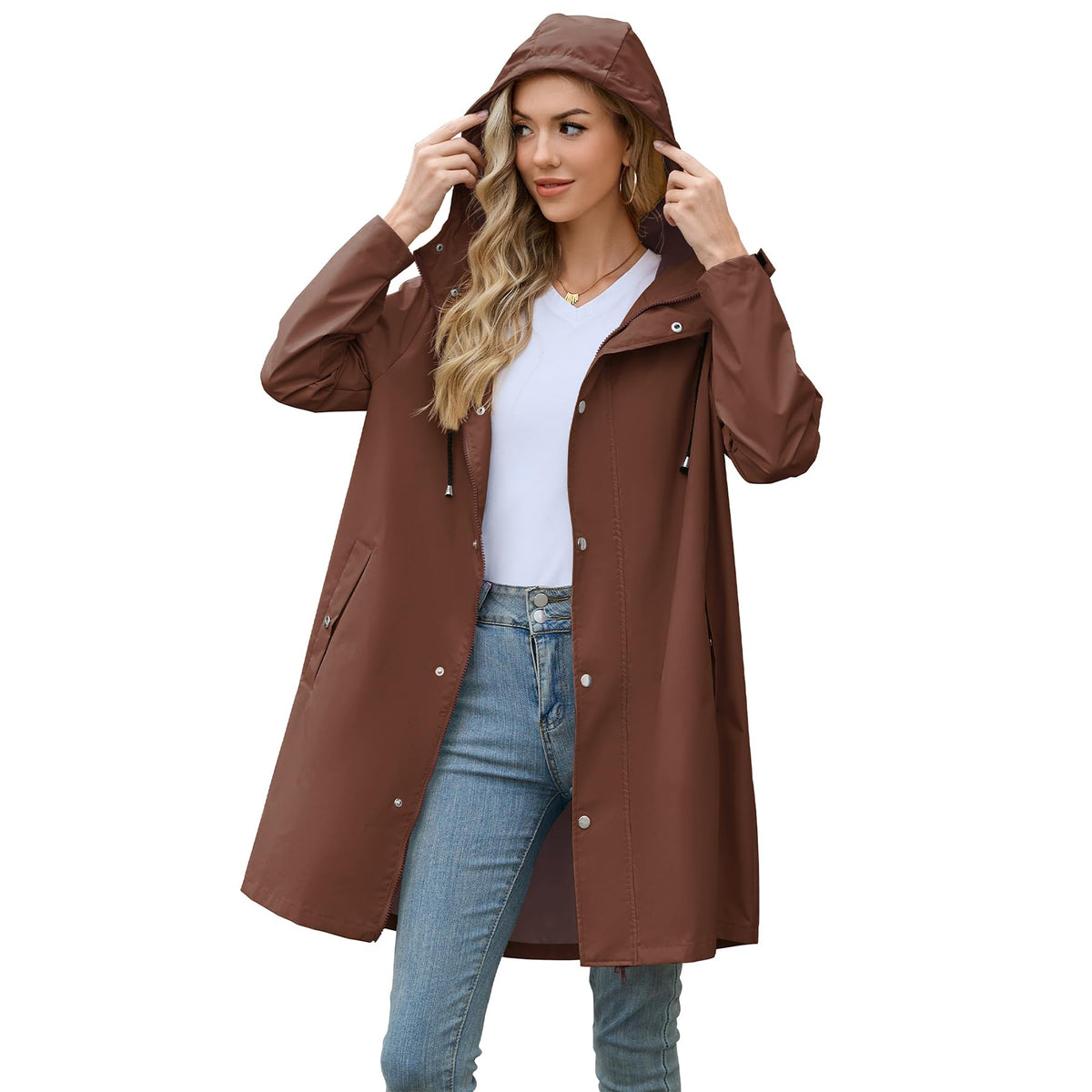Zando Long Packable Rain Jacket Women Waterproof Raincoat with Hood